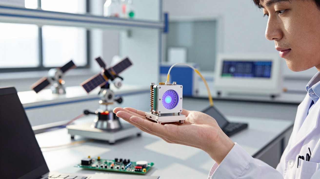 Pessoa segura dispositivo tecnológico com luz azul num laboratório com equipamentos científicos ao fundo.