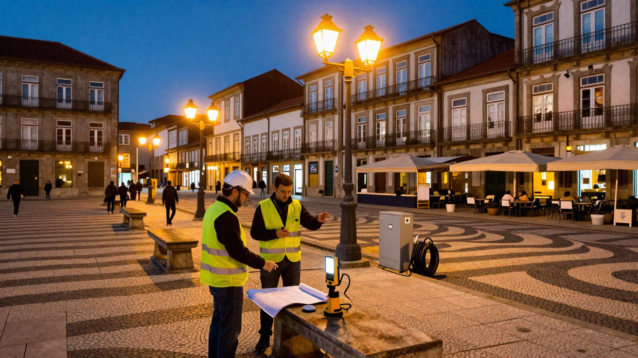 Dois trabalhadores com coletes refletores analisam um mapa numa praça iluminada ao anoitecer.
