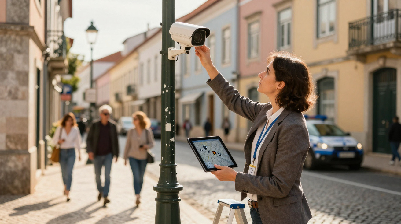 Mulher ajusta câmara de segurança numa rua com tablet na mão e pessoas a caminhar ao fundo.
