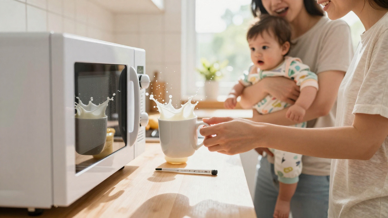 Duas mulheres com um bebé na cozinha enquanto uma delas segura uma chávena de leite que está a derramar.