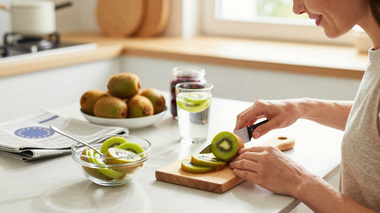 Pessoa a cortar kiwi em fatias numa tábua de madeira numa cozinha bem iluminada.