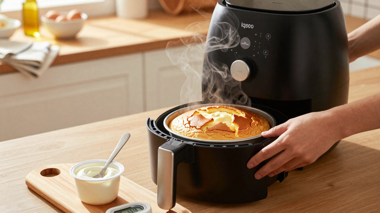 Pessoa a retirar bolo quente acabado de assar na fritadeira elétrica de ar quente numa cozinha moderna.