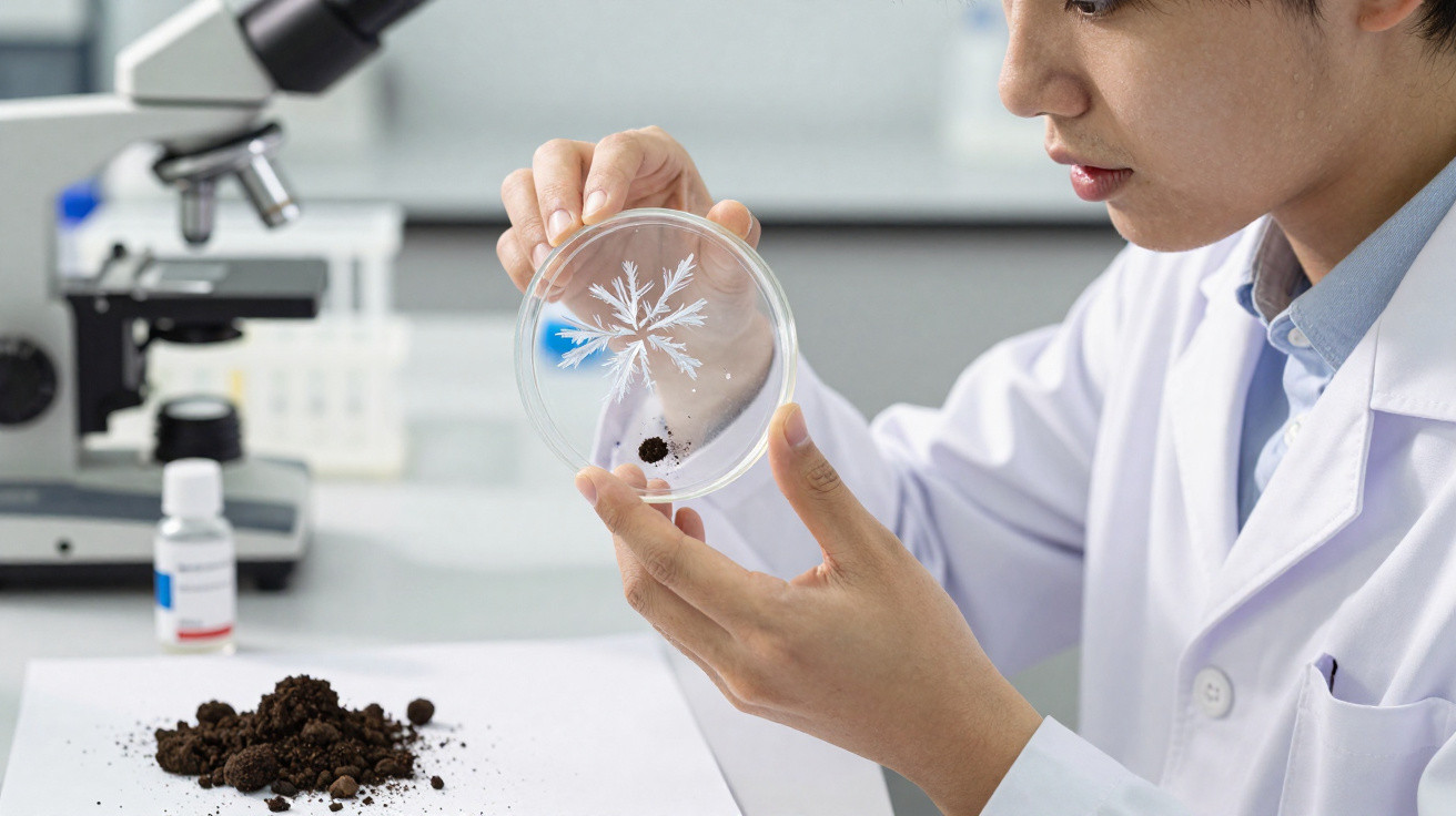 Cientista em laboratório a analisar amostra de solo numa placa de Petri com microscópio ao fundo.