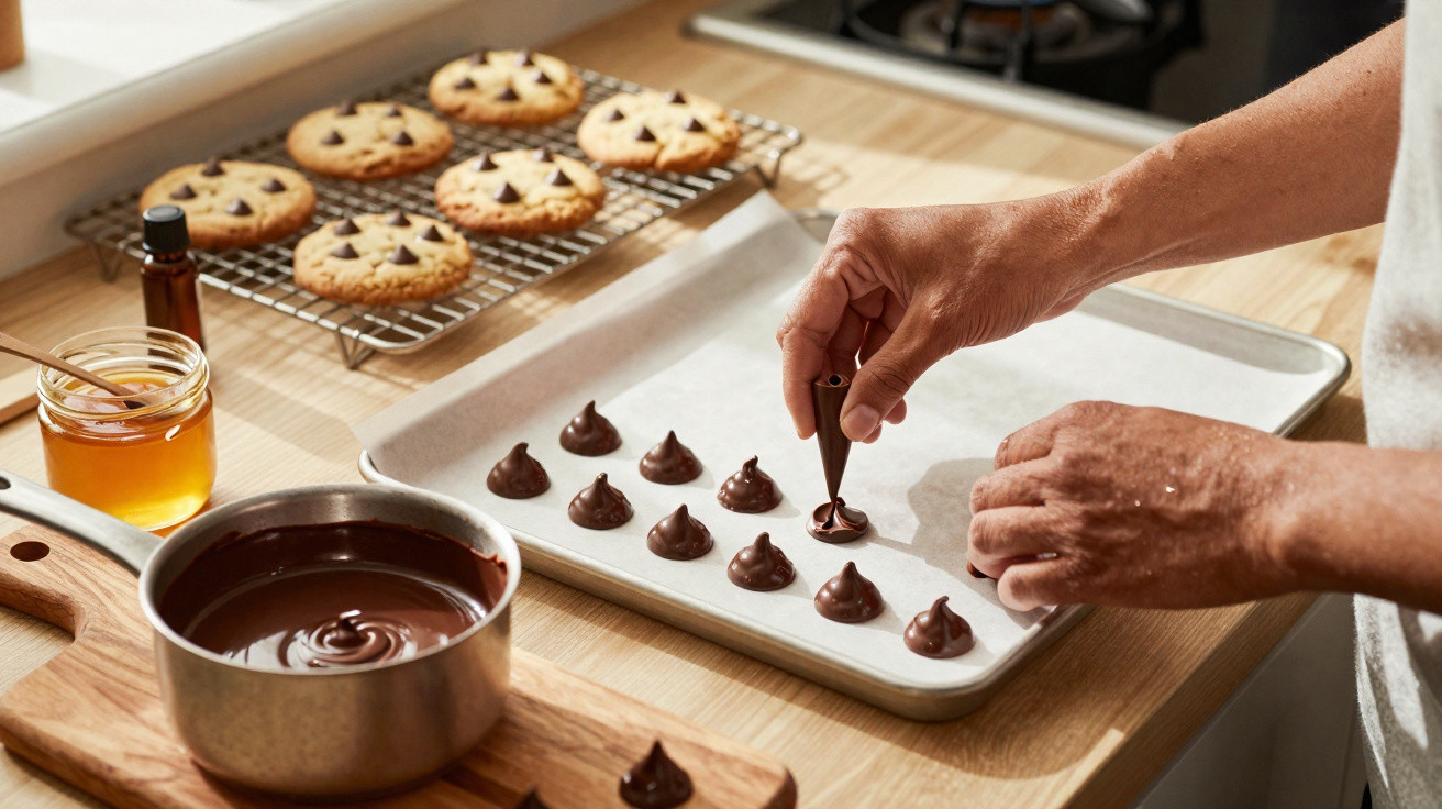 Mãos a moldar gotas de chocolate num tabuleiro, com bolachas e ingredientes ao fundo numa cozinha.