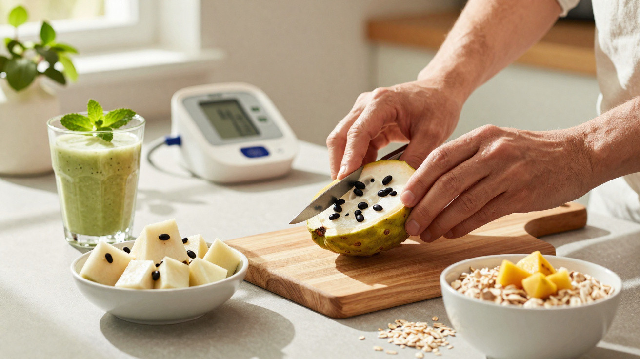 Pessoa a cortar fruta exótica com sementes pretas numa tábua de madeira, com smoothie e mingau ao lado.