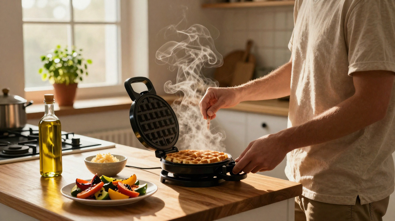 Pessoa a cozinhar waffles numa máquina em cozinha iluminada, com prato de frutas e azeite à vista.