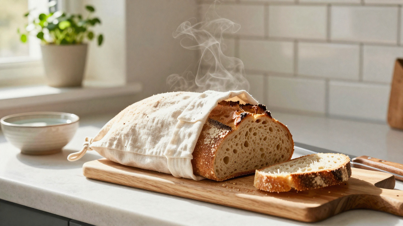 Pão caseiro quente com vapor, parcialmente coberto por saco de pano, com duas fatias numa tábua de cortar madeira.