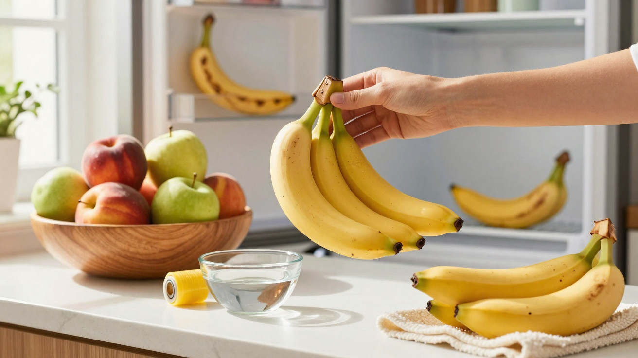 Mão a segurar cachos de bananas amarelas em cozinha com frutas numa fruteira e frigorífico aberto ao fundo.