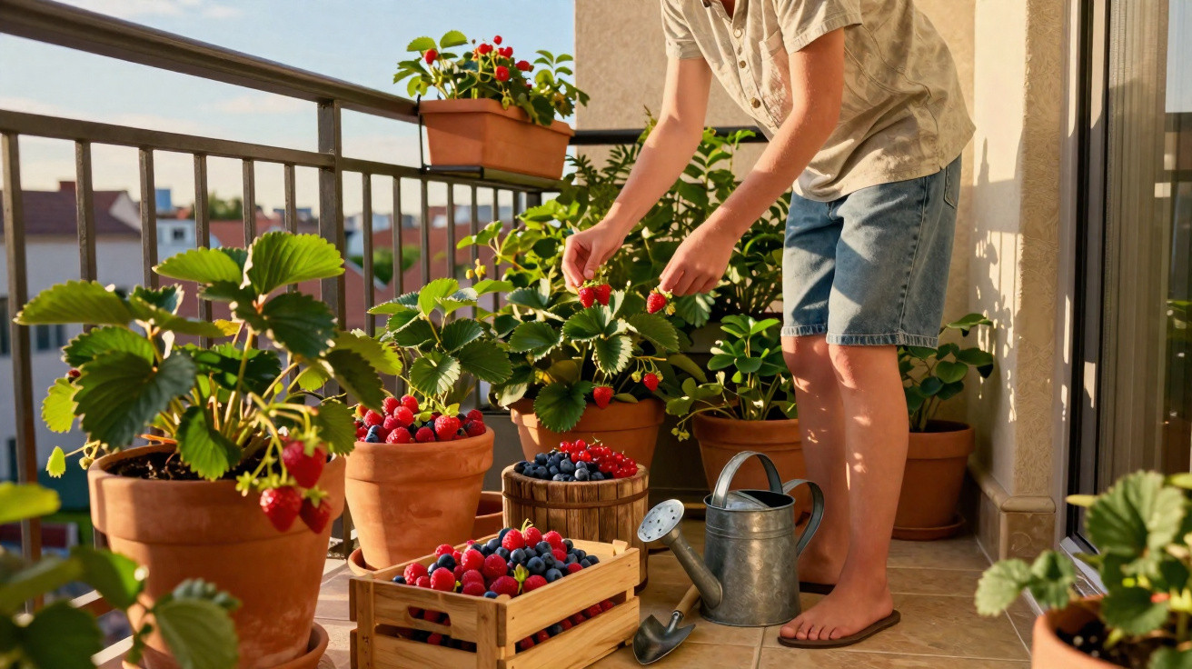 Pessoa a colher frutos vermelhos em vasos no terraço com várias caixas de bagas frescas e regador.