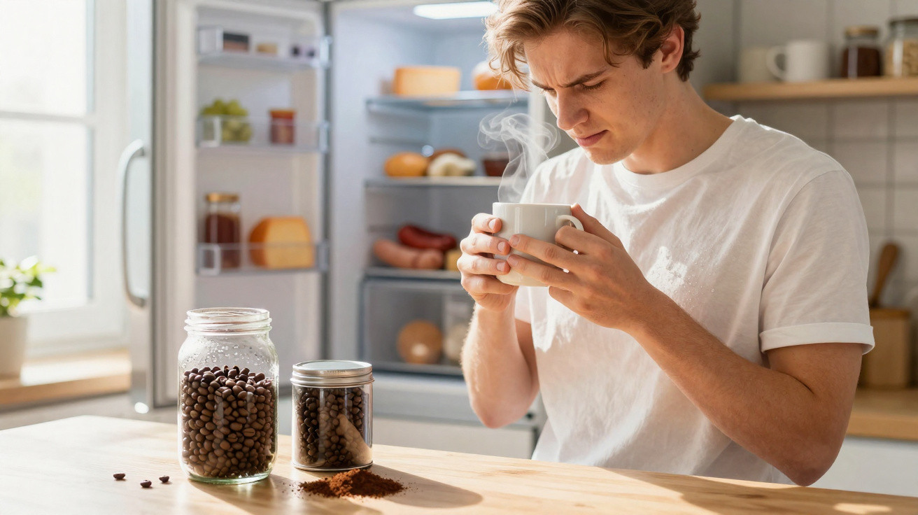 Jovem a cheirar uma chávena de café quente numa cozinha com frascos de grãos de café em cima da mesa.
