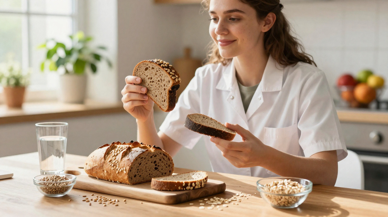 Mulher sorridente a segurar fatias de pão integral com sementes numa cozinha iluminada.