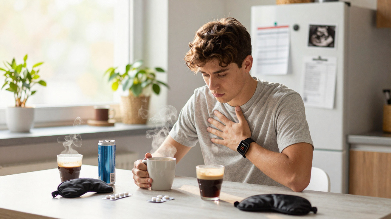 Jovem sentado à mesa com xícaras de café e medicamentos, segurando o peito com expressão de desconforto.