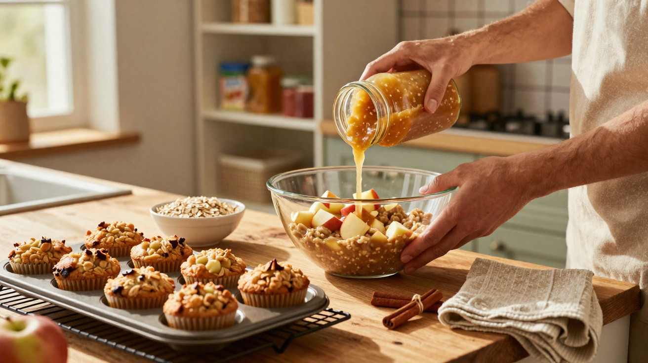 Pessoa a verter molho numa taça com maçã e aveia, com muffins na bancada da cozinha.
