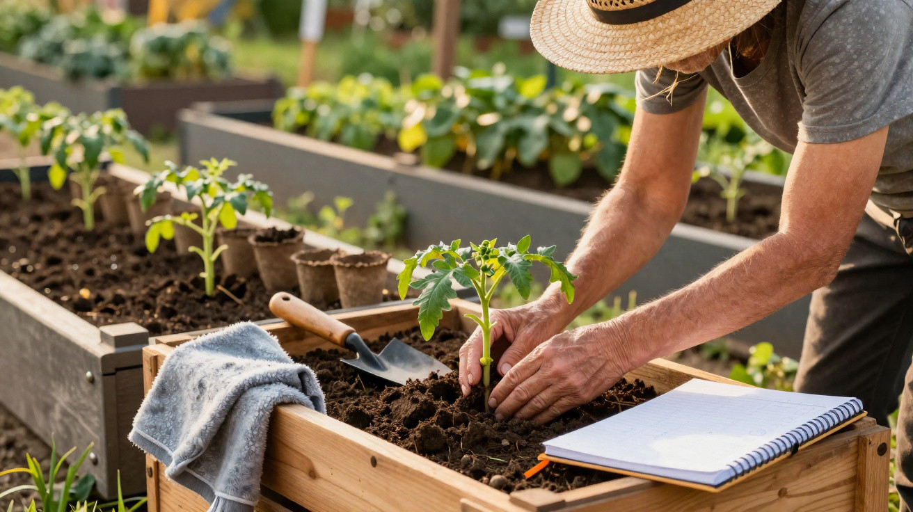 Pessoa a plantar uma muda de tomateiro numa horta elevada com ferramentas e caderno ao lado.