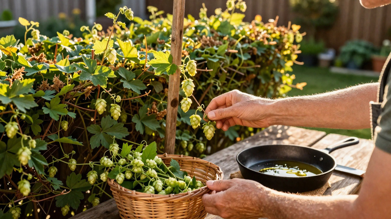 Pessoa a colher flores de lúpulo verde para uma cesta junto a uma frigideira com azeite numa mesa de madeira.