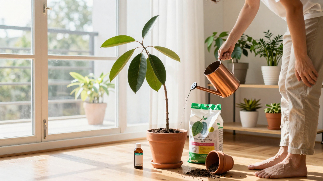 Pessoa a regar planta em vaso de barro num quarto iluminado com plantas e materiais de jardinagem no chão.