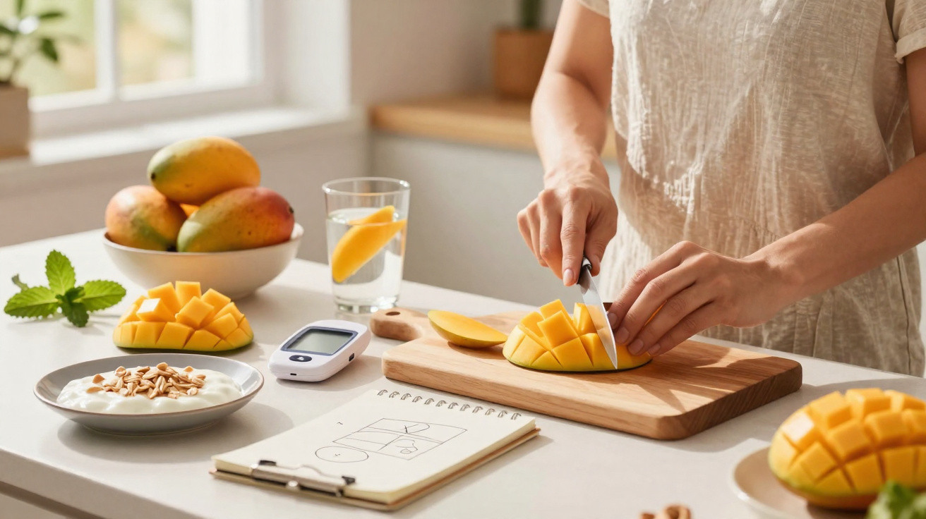 Pessoa a cortar manga em cubos numa cozinha com alimentos e monitor de glicemia ao lado.