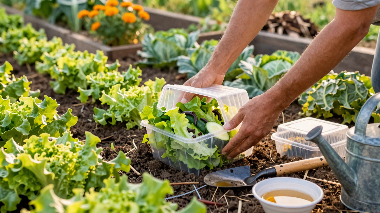 Mãos a colocar alfaces e folhas verdes numa caixa plástica num canteiro de horta com ferramentas e regador.