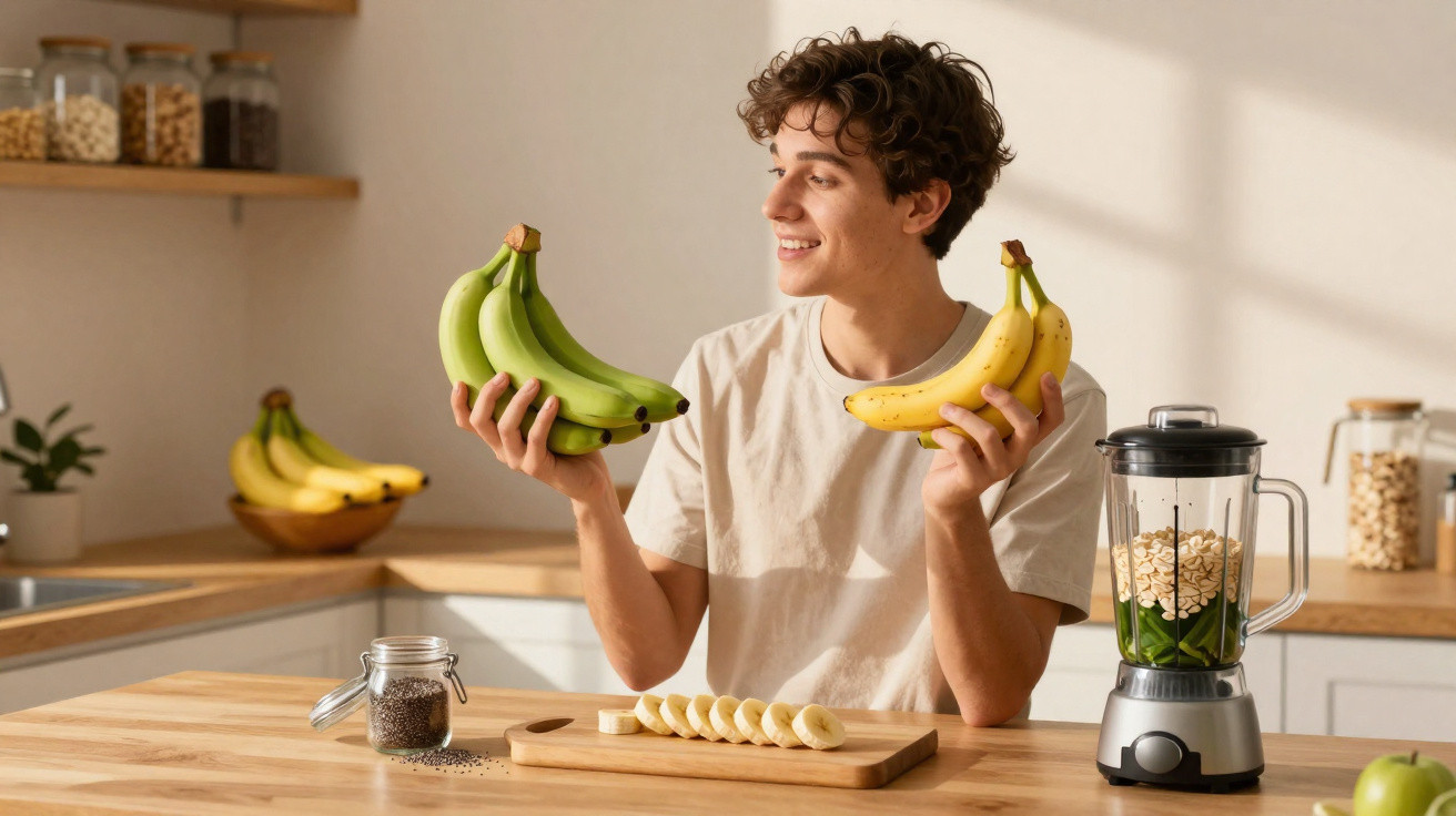 Jovem sorridente na cozinha, segurando bananas verdes e maduras, com bananas cortadas e liquidificador na bancada.