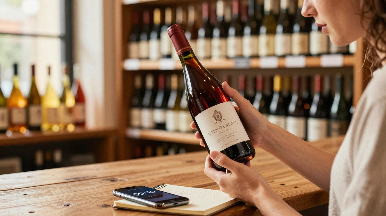 Pessoa a segurar uma garrafa de vinho tinto numa loja com prateleiras cheias ao fundo.