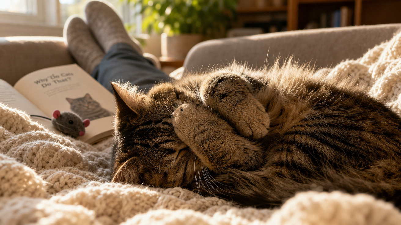 Gato tigrado a dormir enrolado numa manta cremosa ao sol, com livro e brinquedo de rato ao fundo.