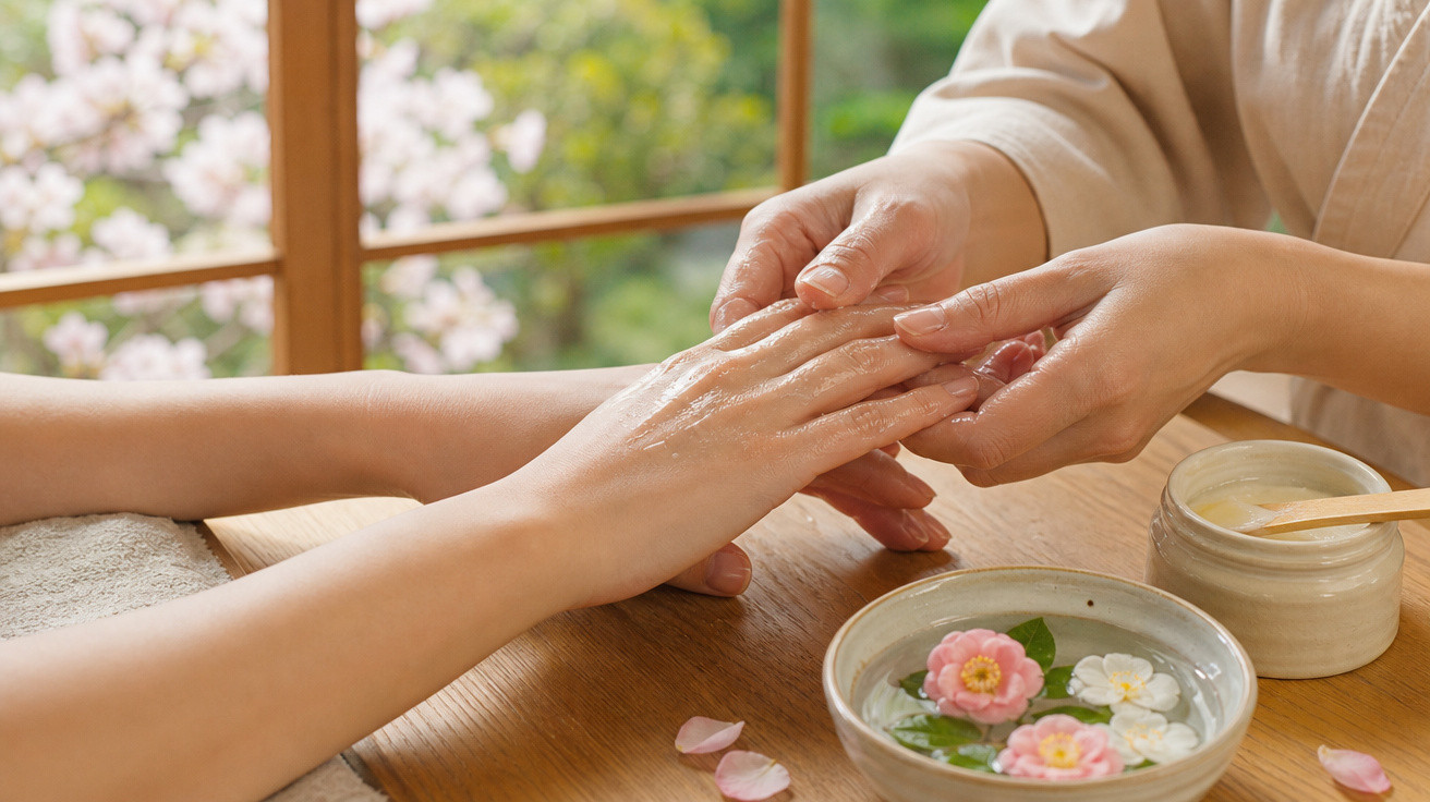 Massagem de mãos com creme num ambiente relaxante com flores e luz natural.