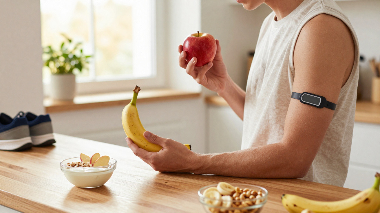 Pessoa com pulseira de fitness segura maçã e banana numa cozinha moderna, com tigelas de frutos e iogurte na mesa.