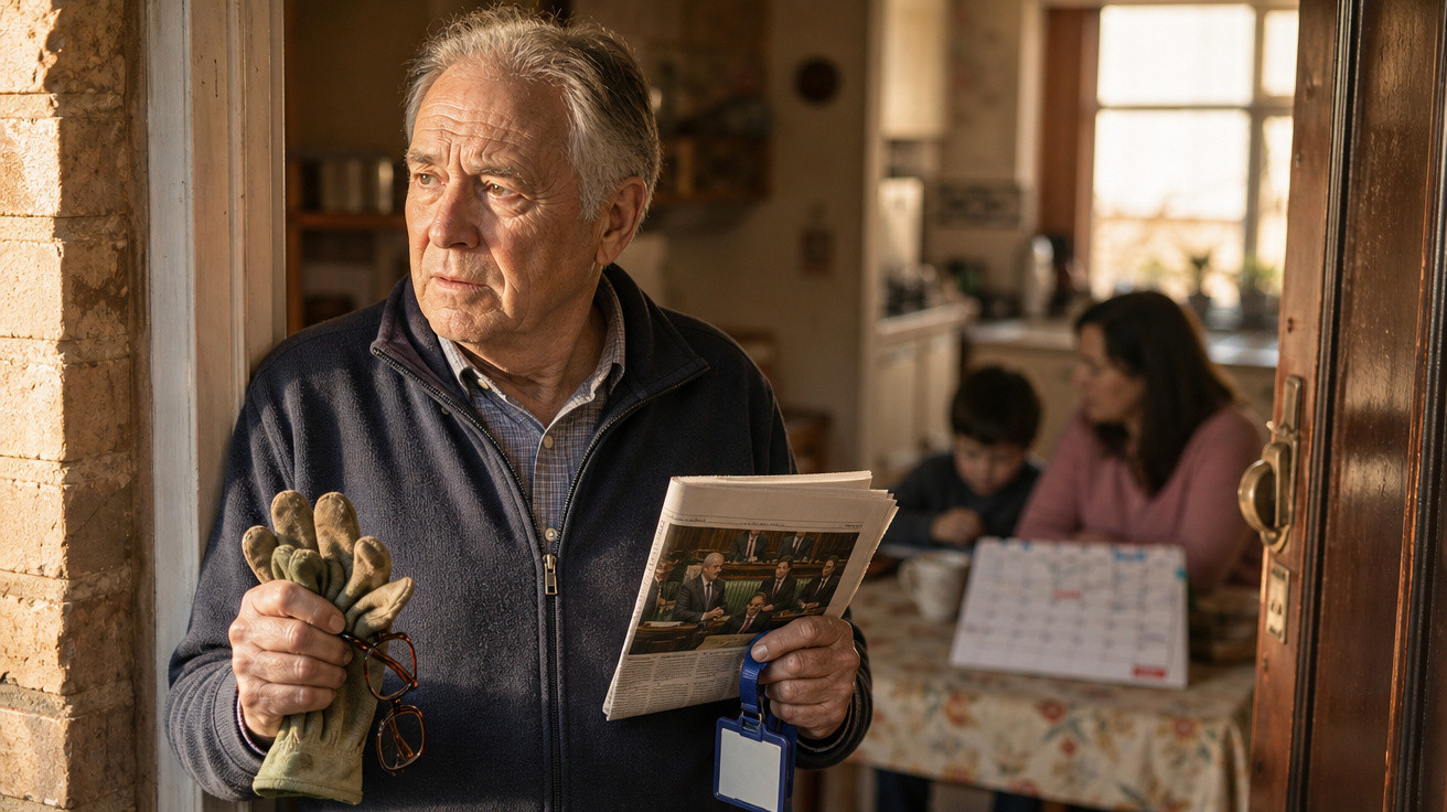 Homem idoso com luvas e jornal na mão olha pela janela, enquanto mulher e criança estão na mesa ao fundo.