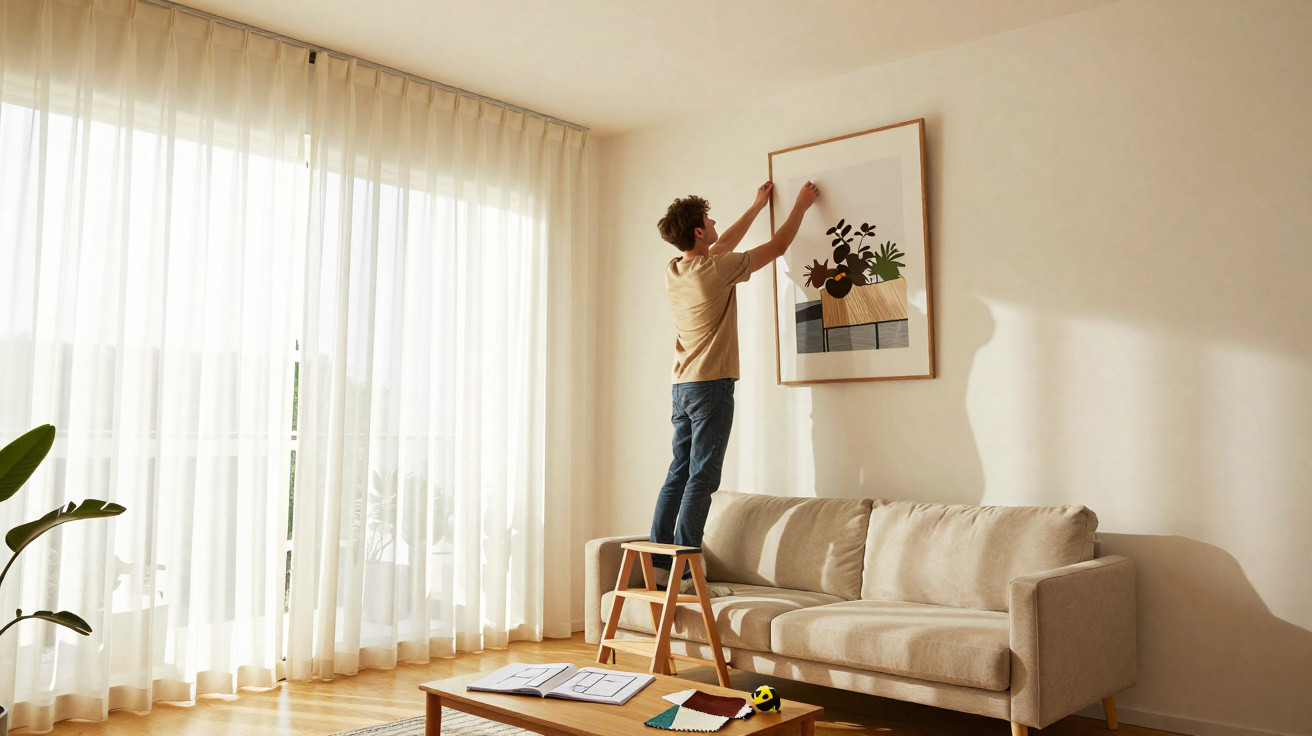 Homem a pendurar quadro decorativo numa parede branca numa sala com sofá bege e luz natural.