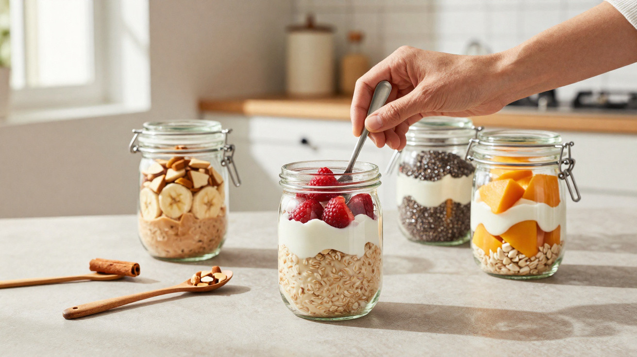 Quatro frascos com iogurte, frutas e cereais, uma mão mexe morangos no frasco à frente.