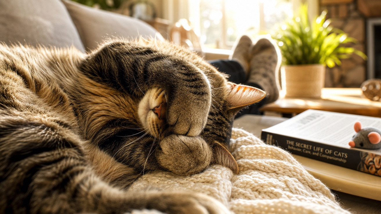 Gato tigrado a dormir com a pata sobre o rosto num sofá acolhedor, junto a um livro sobre gatos e uma planta.