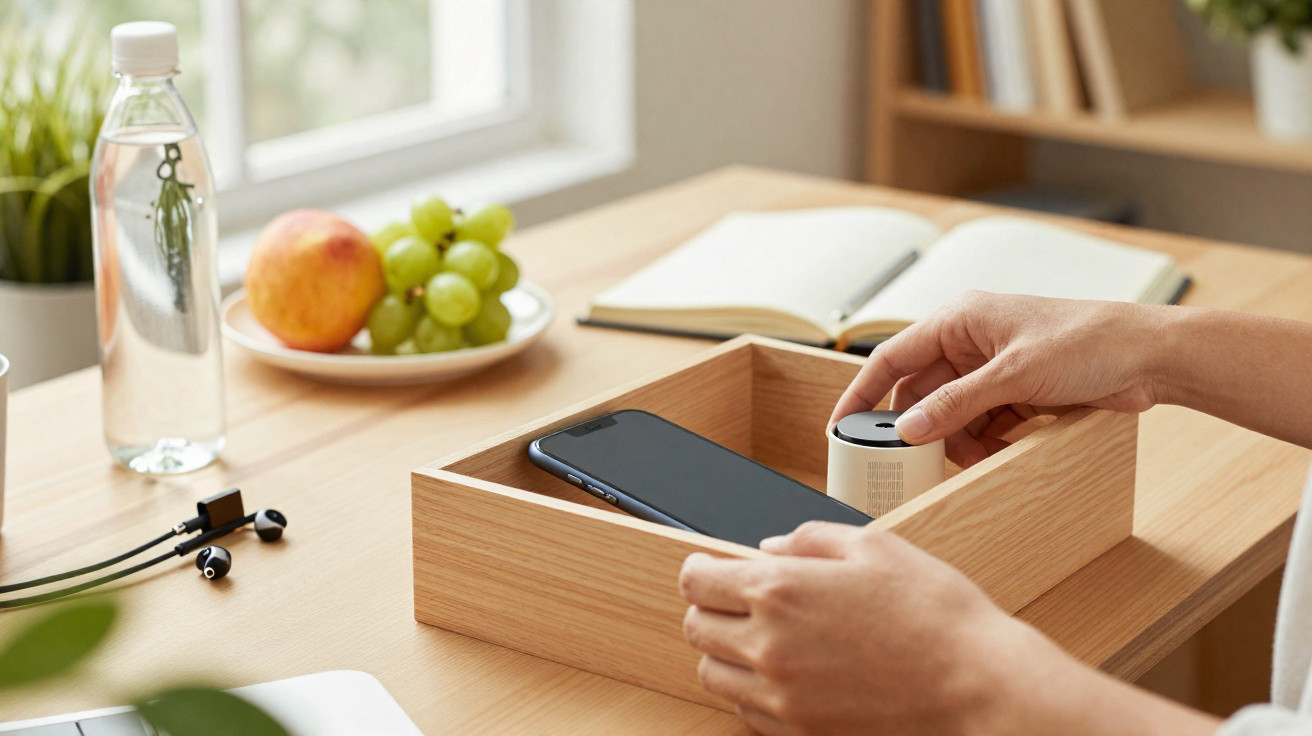 Mesa de madeira com smartphone, auriculares, garrafa de água, fruta, caderno e mãos a pegar altifalante portátil.