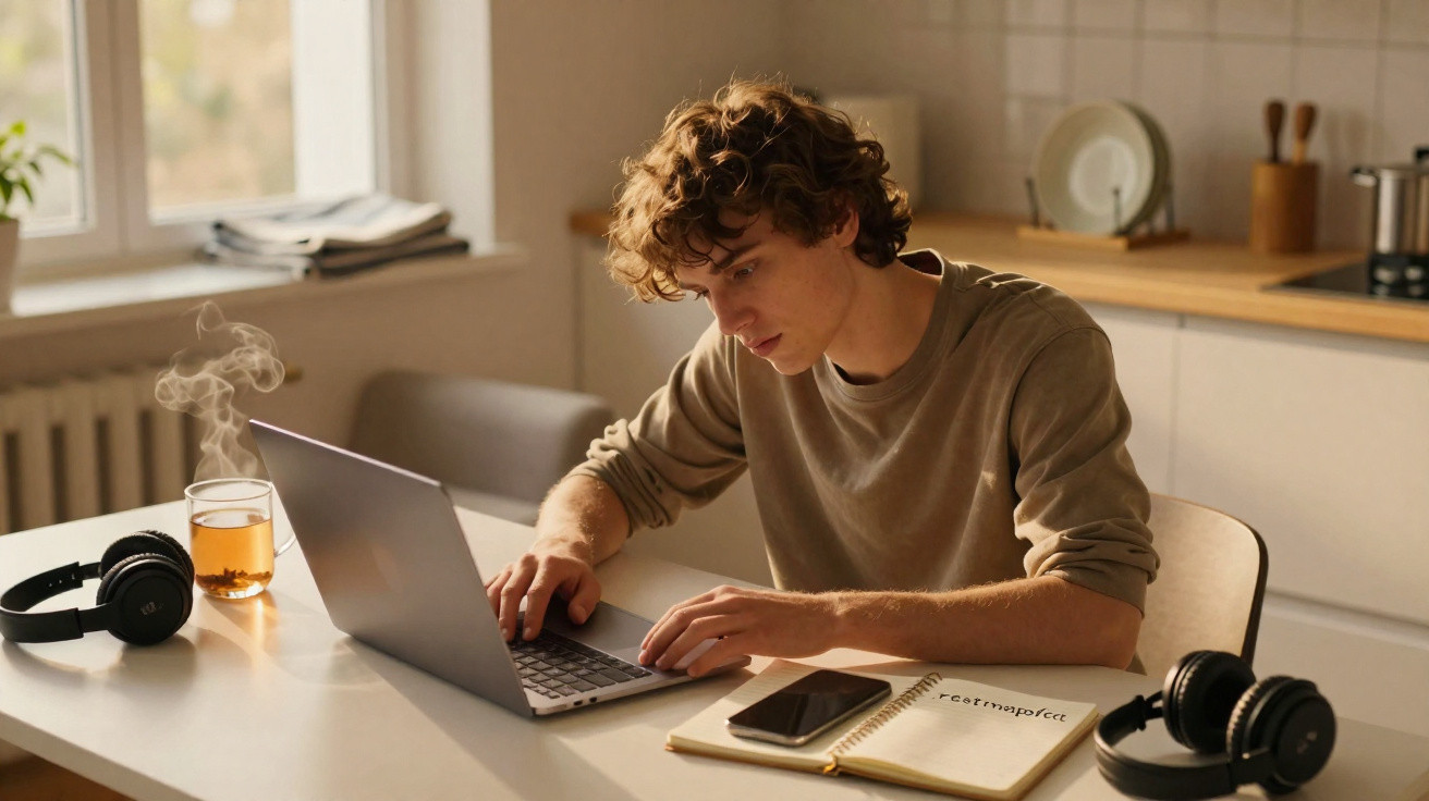 Jovem a trabalhar num computador portátil numa cozinha, com auscultadores, telemóvel e chá quente na mesa.
