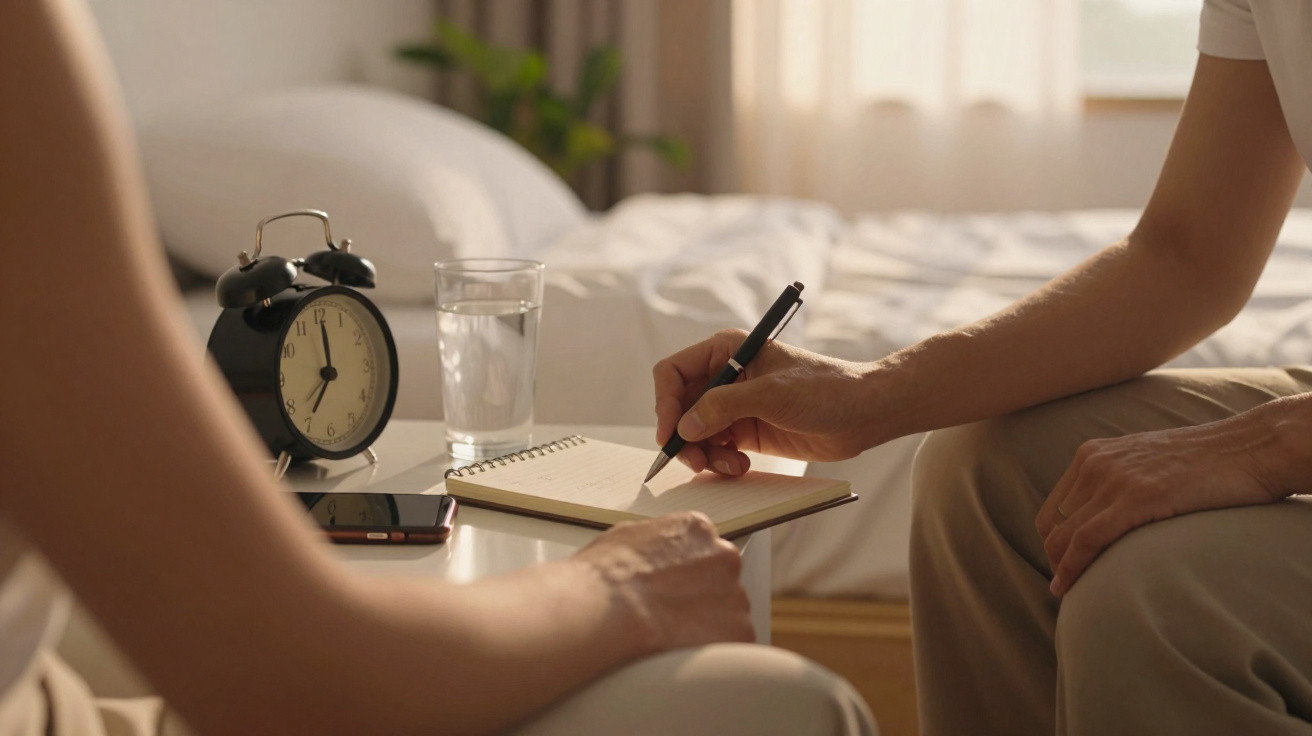 Pessoa a escrever num caderno numa mesa ao lado da cama, com relógio, copo de água e telemóvel.