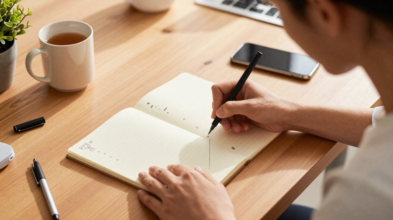 Pessoa a escrever num caderno aberto numa mesa com chá, telemóvel e computador portátil ao fundo.