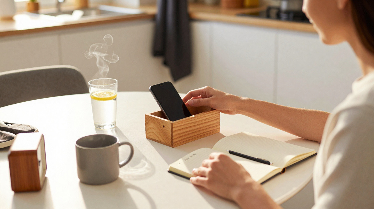 Pessoa sentada a guardar um telemóvel numa caixa de madeira, com uma caneca, copo com limão e caderno na mesa.