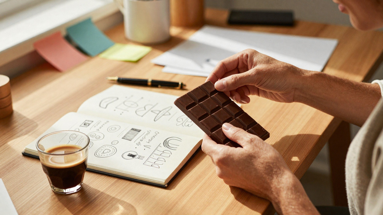 Pessoa segurando chocolate enquanto está numa mesa com um caderno aberto e uma chávena de café.