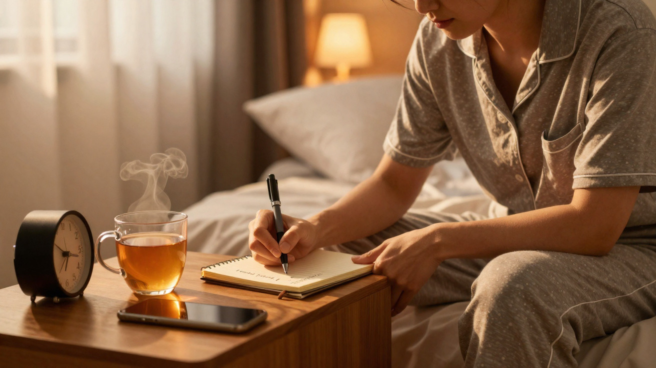 Pessoa em pijama sentada na cama a escrever num caderno com chá quente, relógio e telemóvel numa mesa ao lado.