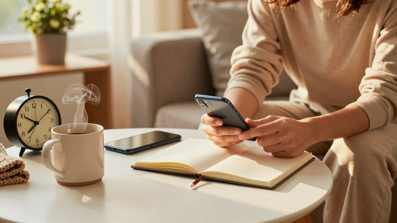 Pessoa sentada a usar telemóvel numa mesa com caderno aberto, chá quente, relógio e smartphone, em sala iluminada.