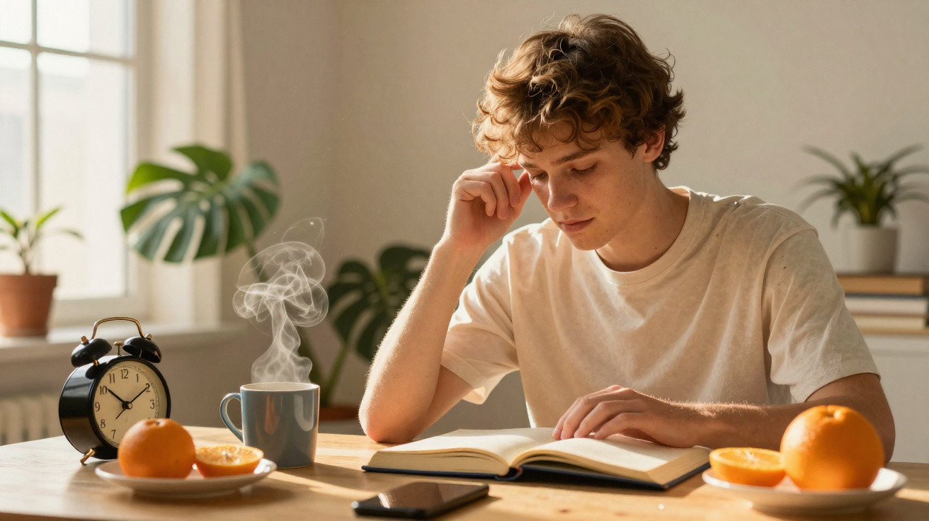Jovem a ler um livro numa mesa com chá quente, laranjas, telemóvel e um despertador preto.