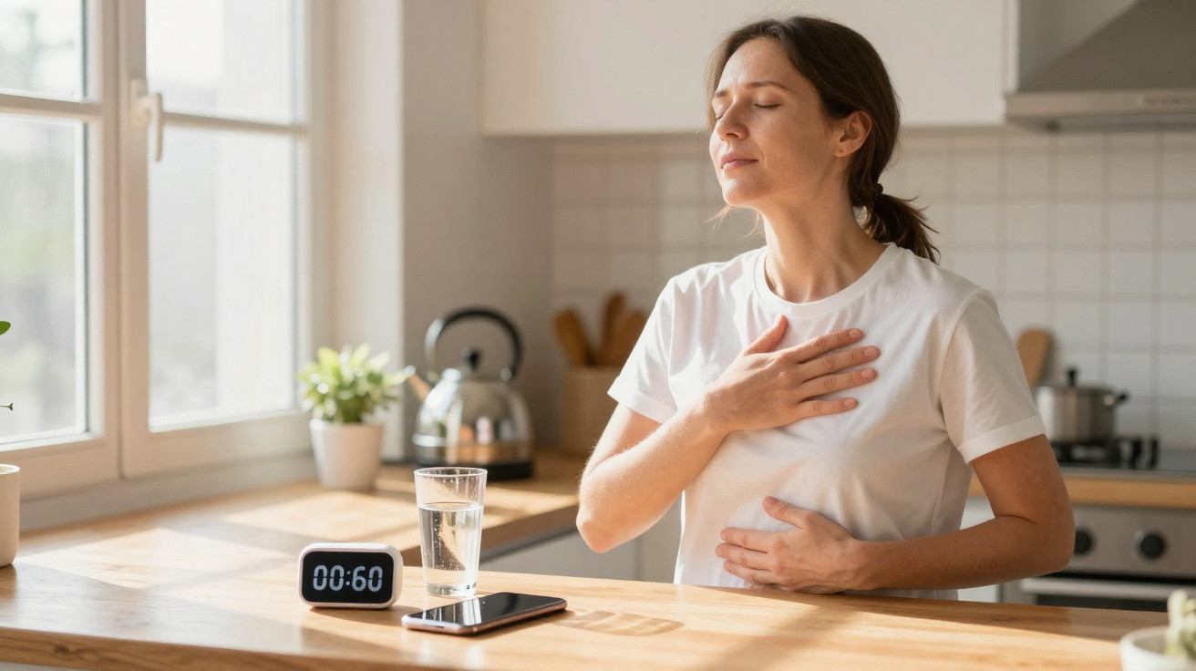 Mulher relaxa com olhos fechados, mãos no peito e abdómen, sentada numa cozinha luminosa.