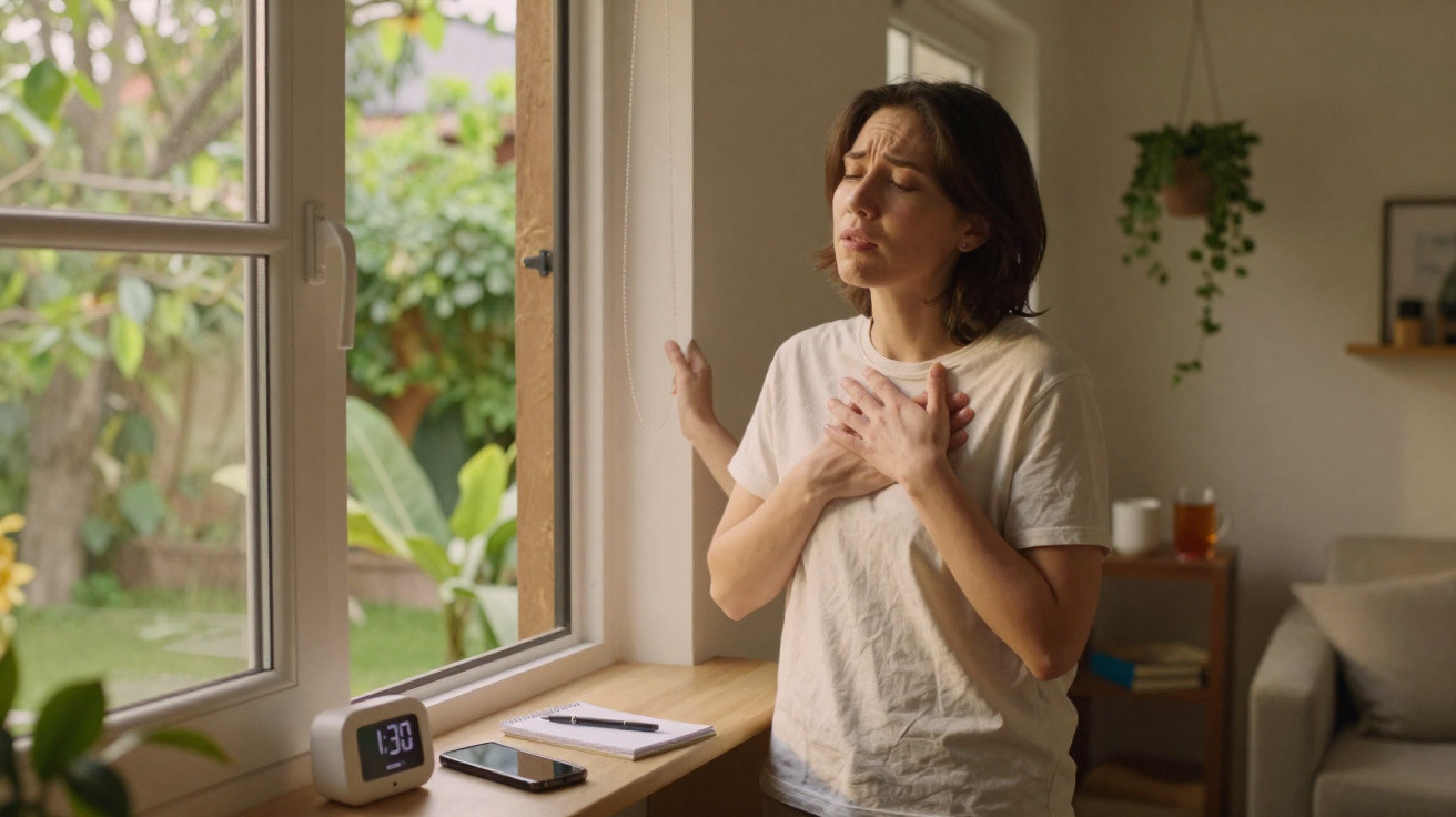 Mulher com expressão de dor no peito, junto à janela de casa, segurando o peito com as duas mãos.