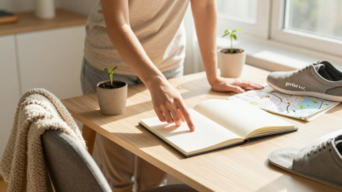 Pessoa a apontar para um caderno aberto numa mesa com plantas, mapa e ténis cinzentos.