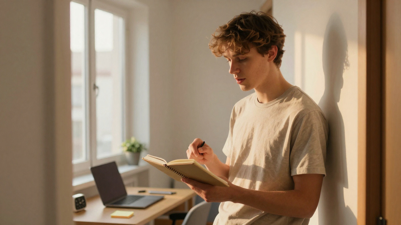 Jovem de pé a escrever num caderno, encostado à parede, com luz natural e ambiente de escritório ao fundo.