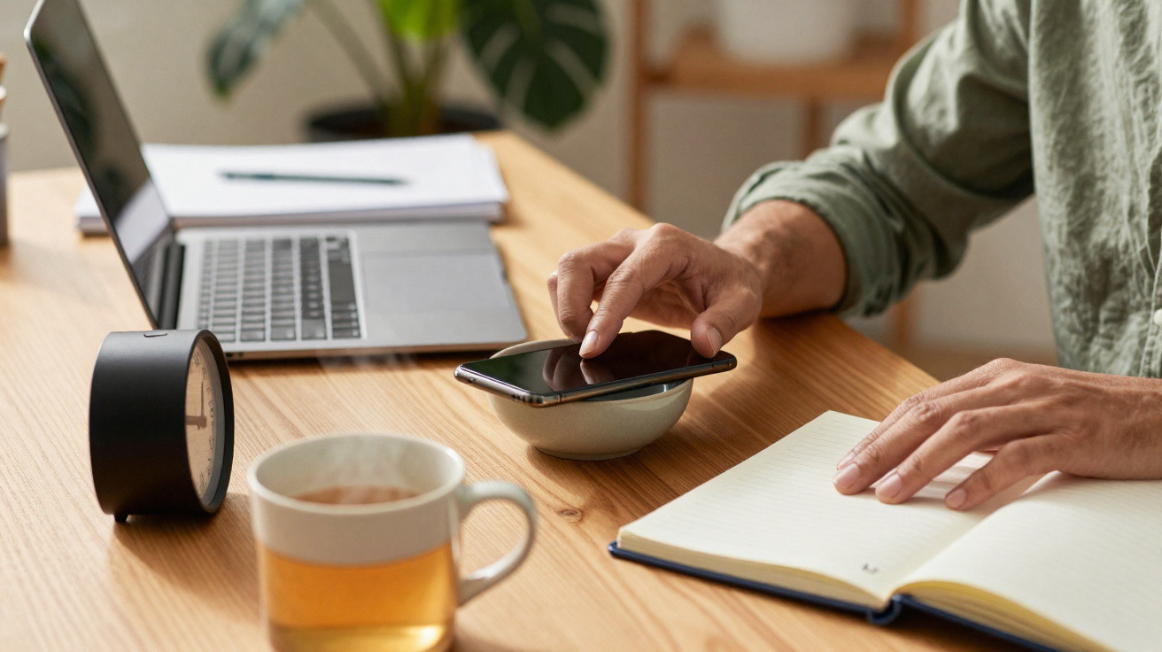 Pessoa a usar telemóvel numa mesa com computador portátil, caderno, relógio e chá.
