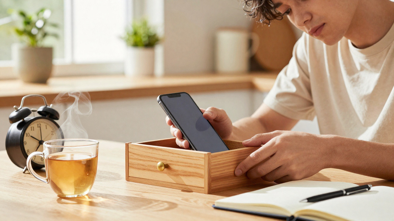 Pessoa a guardar telemóvel numa gaveta de madeira numa mesa com chá, despertador e caderno.
