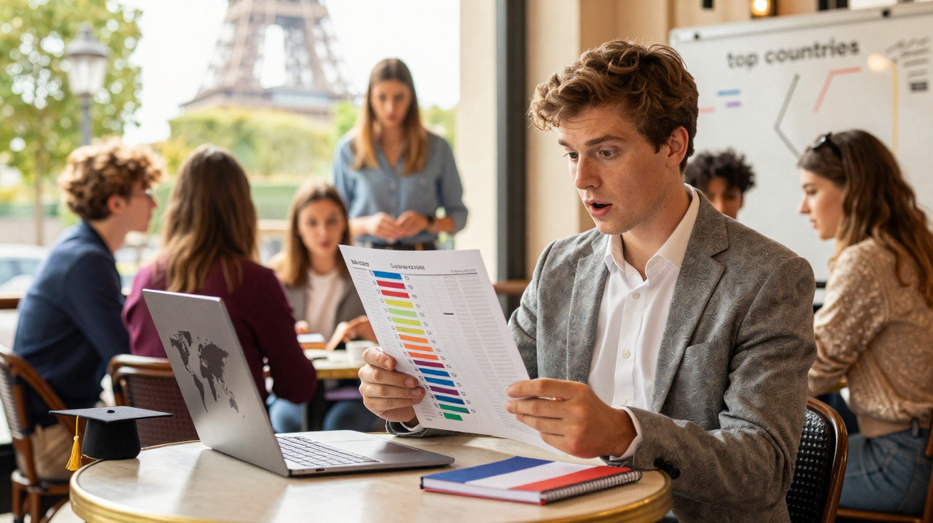 Homem surpreendido analisa gráfico colorido em reunião com grupo e Torre Eiffel ao fundo.