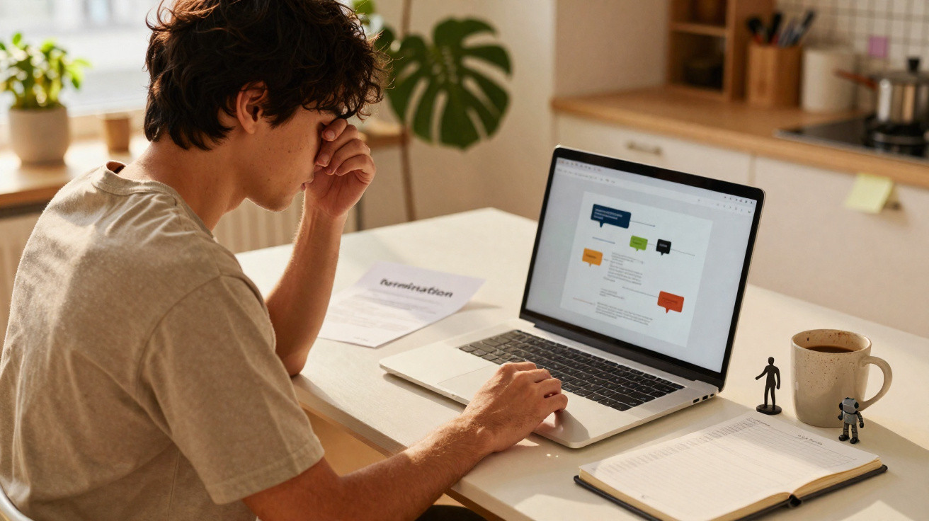 Jovem com expressão cansada trabalha num computador portátil numa mesa com caderno, caneca e figuras pequenas.