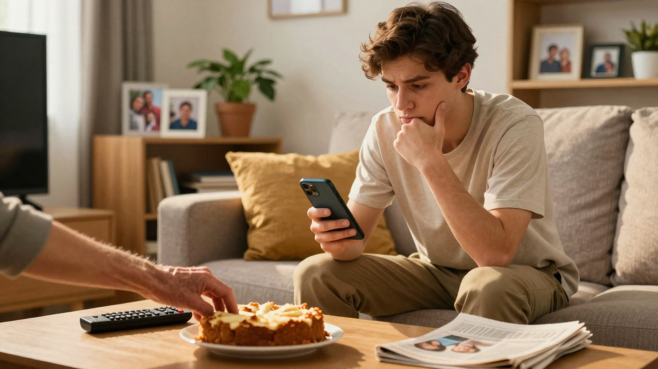 Jovem sentado no sofá a olhar para o telemóvel com expressão pensativa e mão a apanhar bolo na mesa.