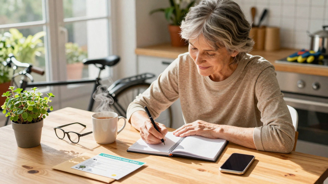 Mulher sénior escreve num caderno sentada à mesa com chá, telemóvel, óculos e planta numa cozinha luminosa.